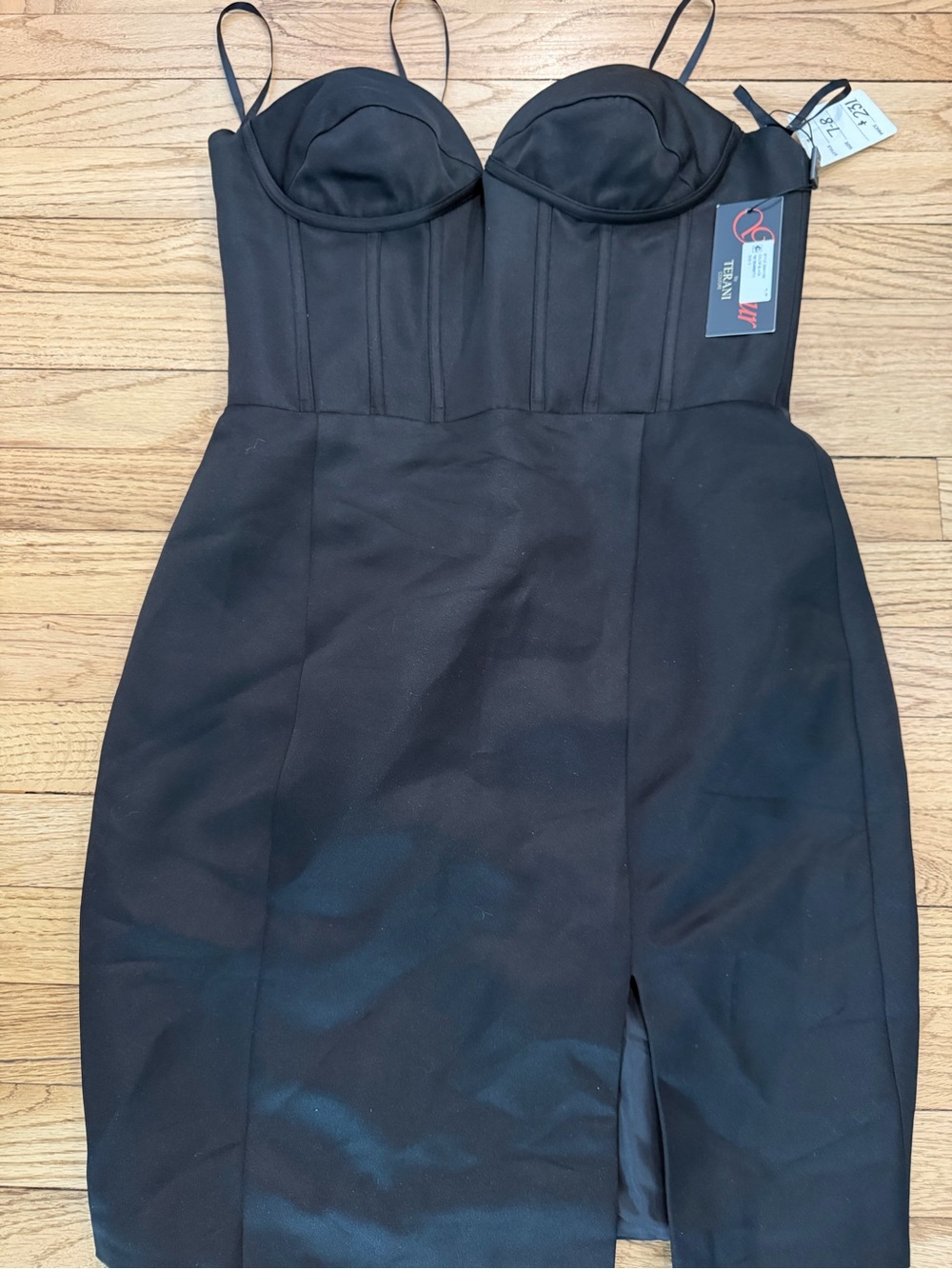 Terani Couture Black Strapless Bustier Sheath Dress with Slit